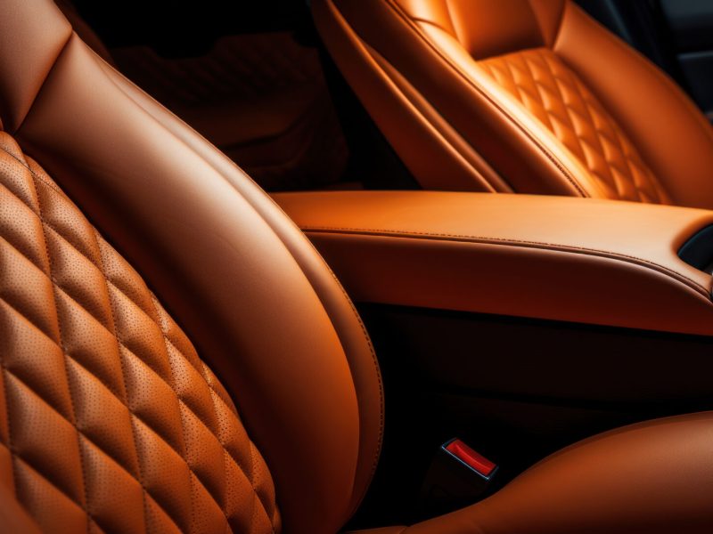 Luxury car interior with tan leather seats, classic elegance, cozy ambiance, sophisticated design. AI generative.